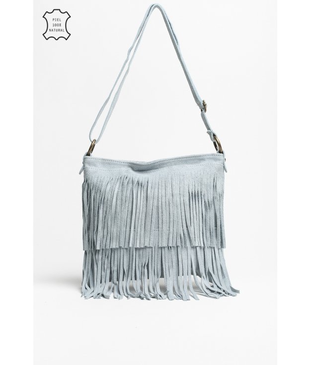 FRINGED LEATHER MESSENGER BAG - GREYISH BLUE